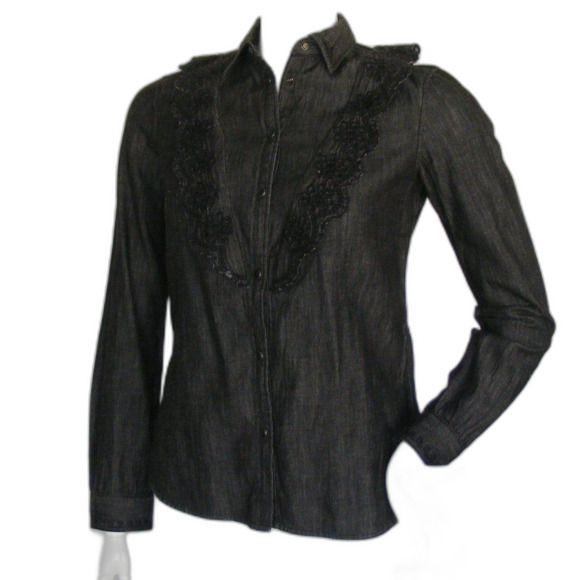SCOTCH & SODA Blouse, XS, Black Denim, Eyelet Ruffle bib, Long sleeve, Snaps - Picture 4 of 16